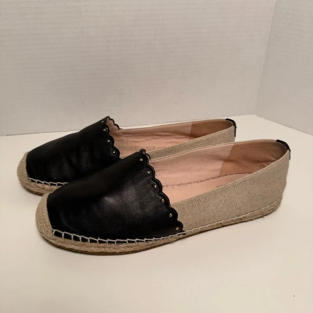 Kate Spade Gardenia Black Leather & Beige Espadrille Flats Size 8 Feminine Boho